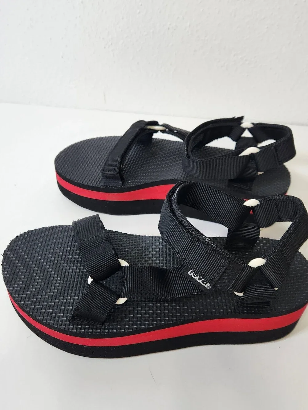 Teva Black Strappy Platform Sandals with Red Stripe - Picture 2 of 13
